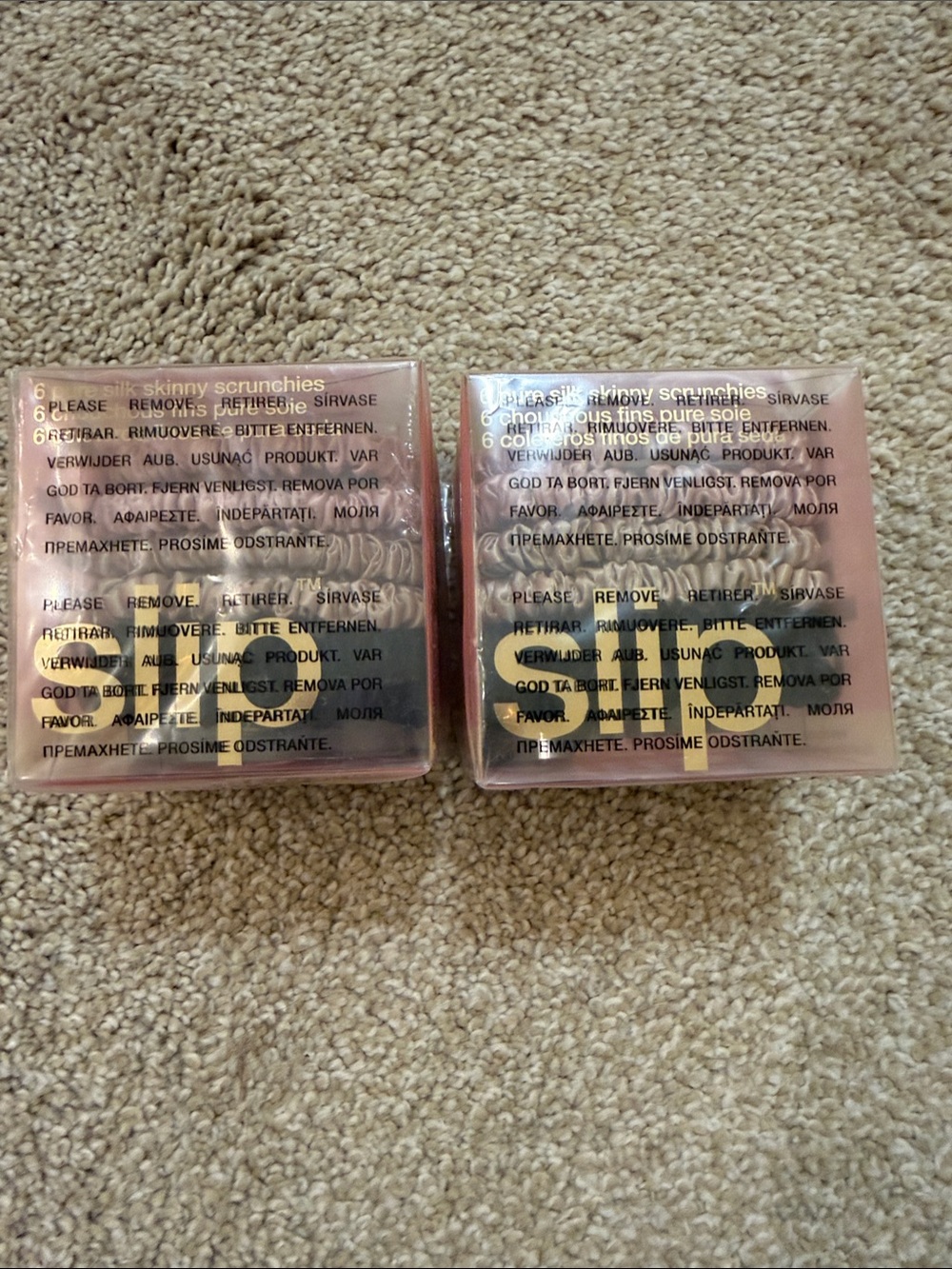 slip silk pink, caramel and black skinny scrunchies. 2 packages of 6 per box.